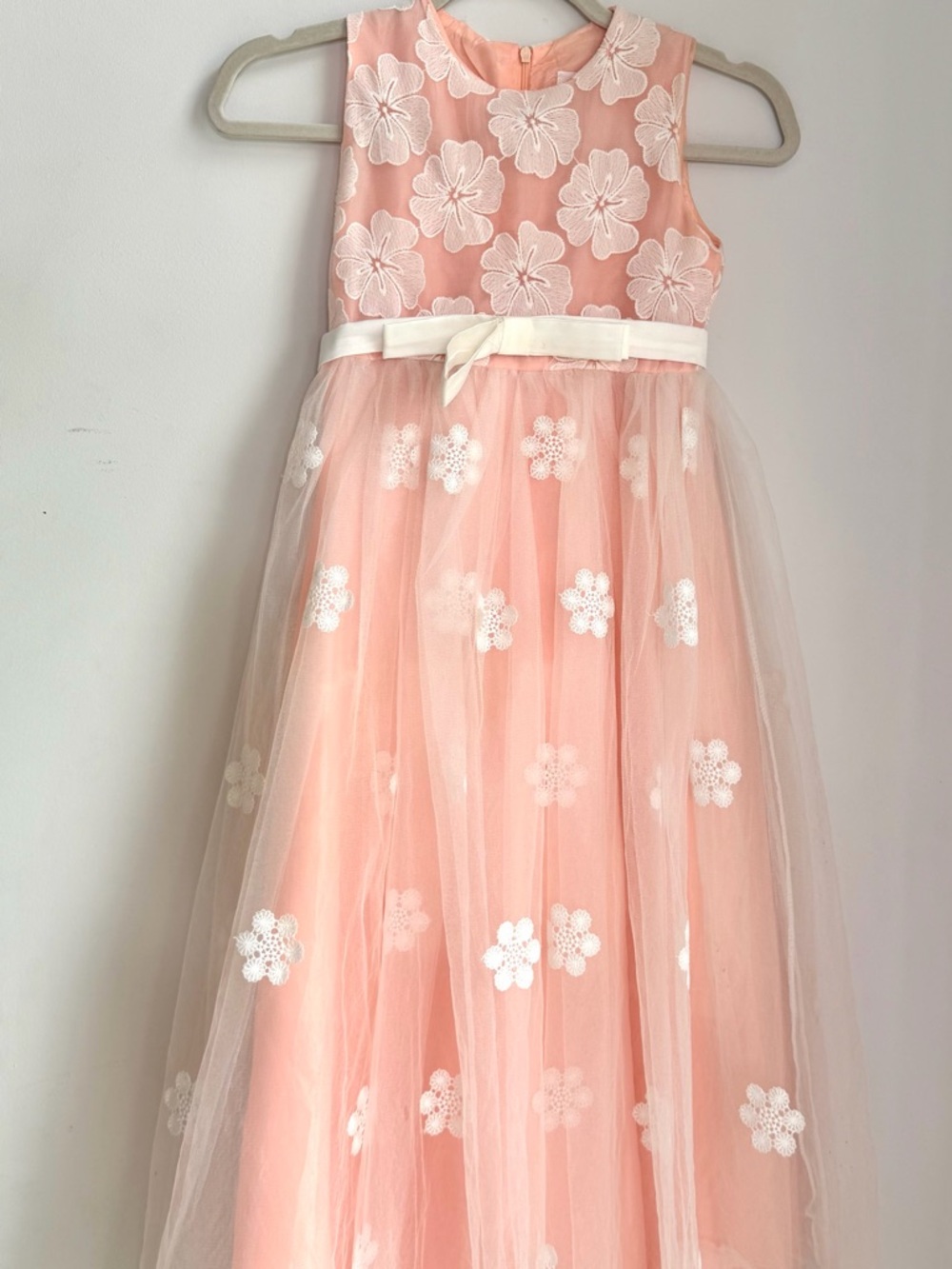 Girls' Peach Pink Floral Tulle Formal Dress with Satin Waist Bow